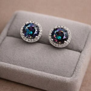 Mystic Topaz CZ Round Halo 925 Silver Butterfly Back Earrings NWT 2.40 TW #472